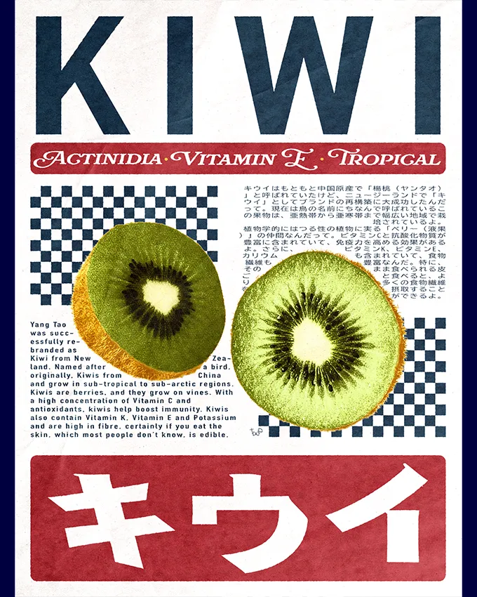 Fruit Series Kiwi poster: cross-section kiwi halves on checkered pattern, New Zealand origin, navy and cream typography