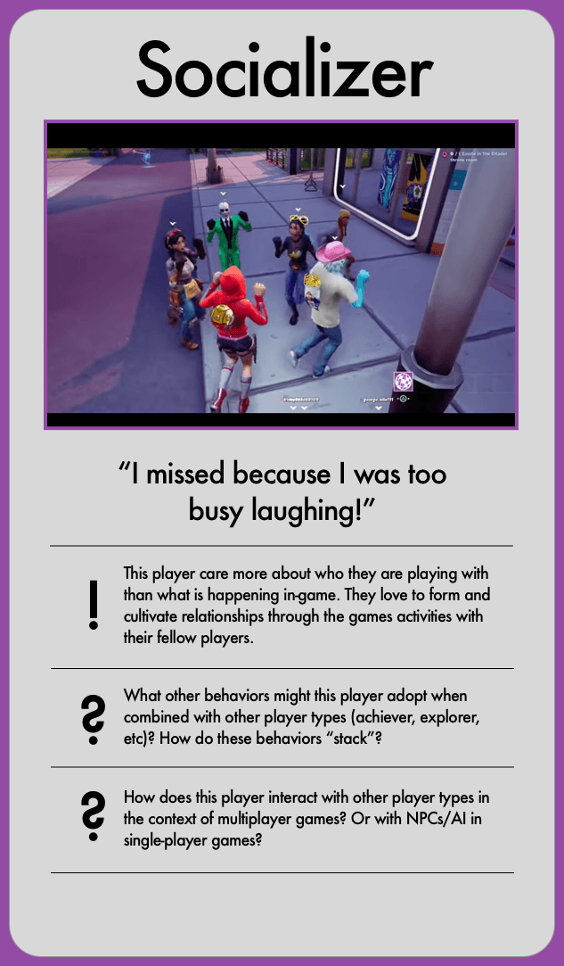 A "Socializer" card with details about this player type.
