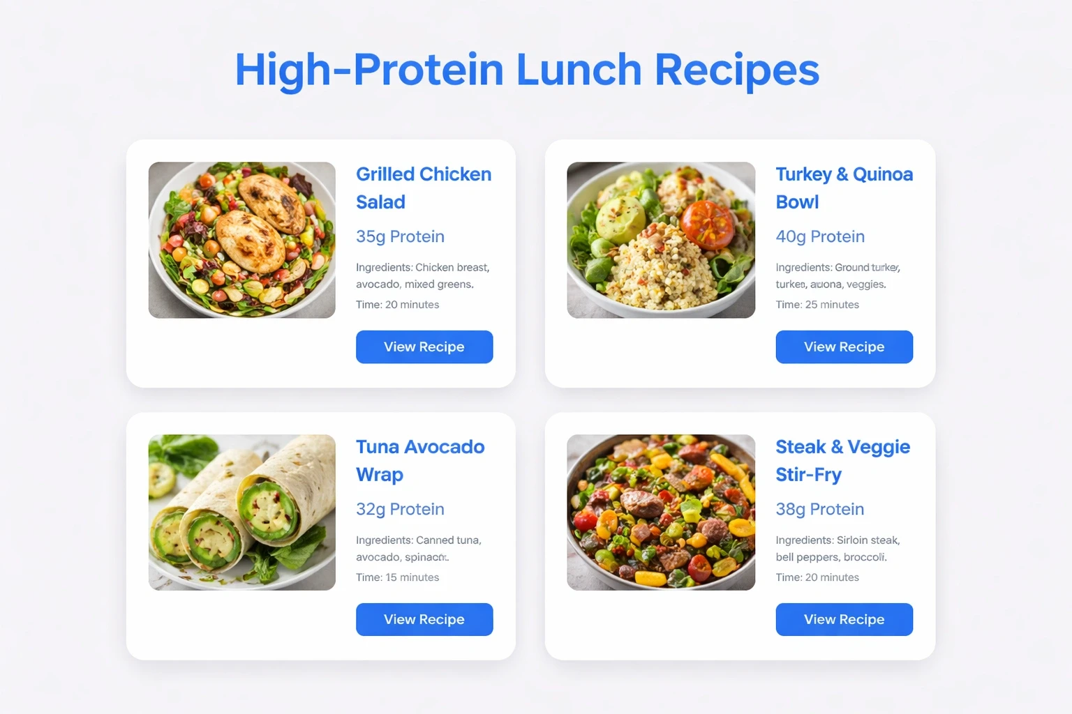 Modern card grid layout on a light background with blue accent highlighting high-protein lunch recipes.