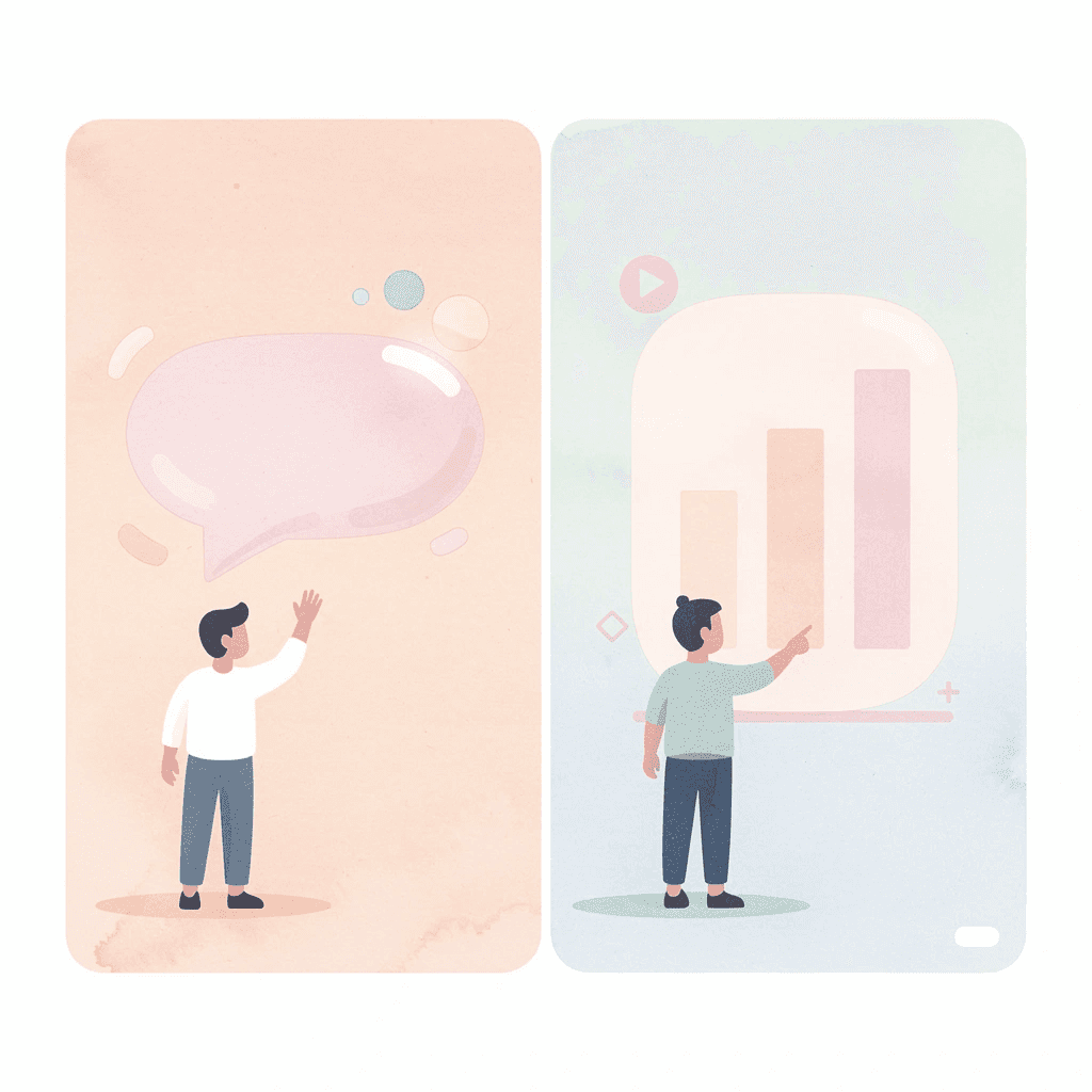 Split scene showing isolated practice versus real conversation practice