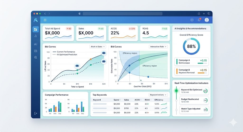 AI-powered Amazon PPC management dashboard optimizing ad spend efficiency in real time for sellers