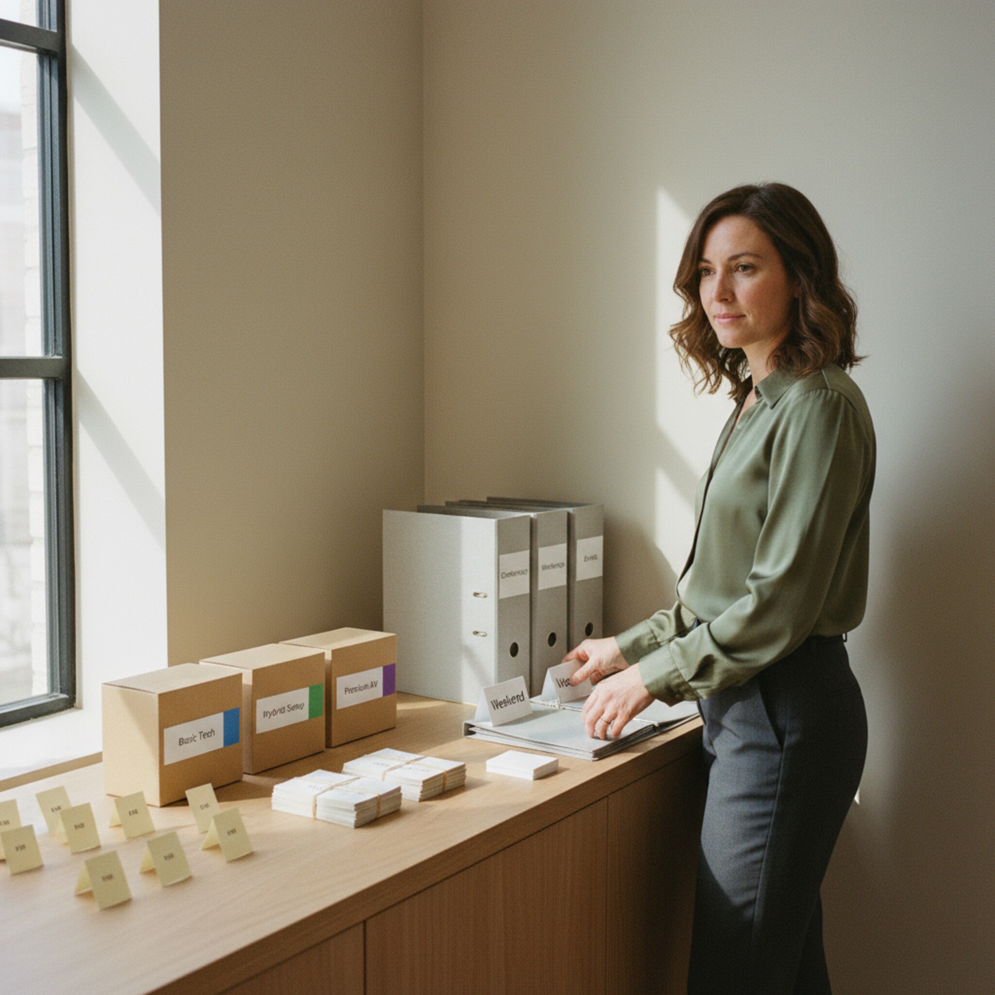 Ein Sideboard im Büro zeigt ordentlich sortierte Preisetiketten und beschriftete Boxen für Technikpakete. Eine Managerin legt Weekend-Schilder zu den passenden Ordnern und stapelt Gutscheinkarten. Die Szene wirkt durchdacht, flexibel und bereit, verschiedene Preisszenarien mühelos zu bedienen.