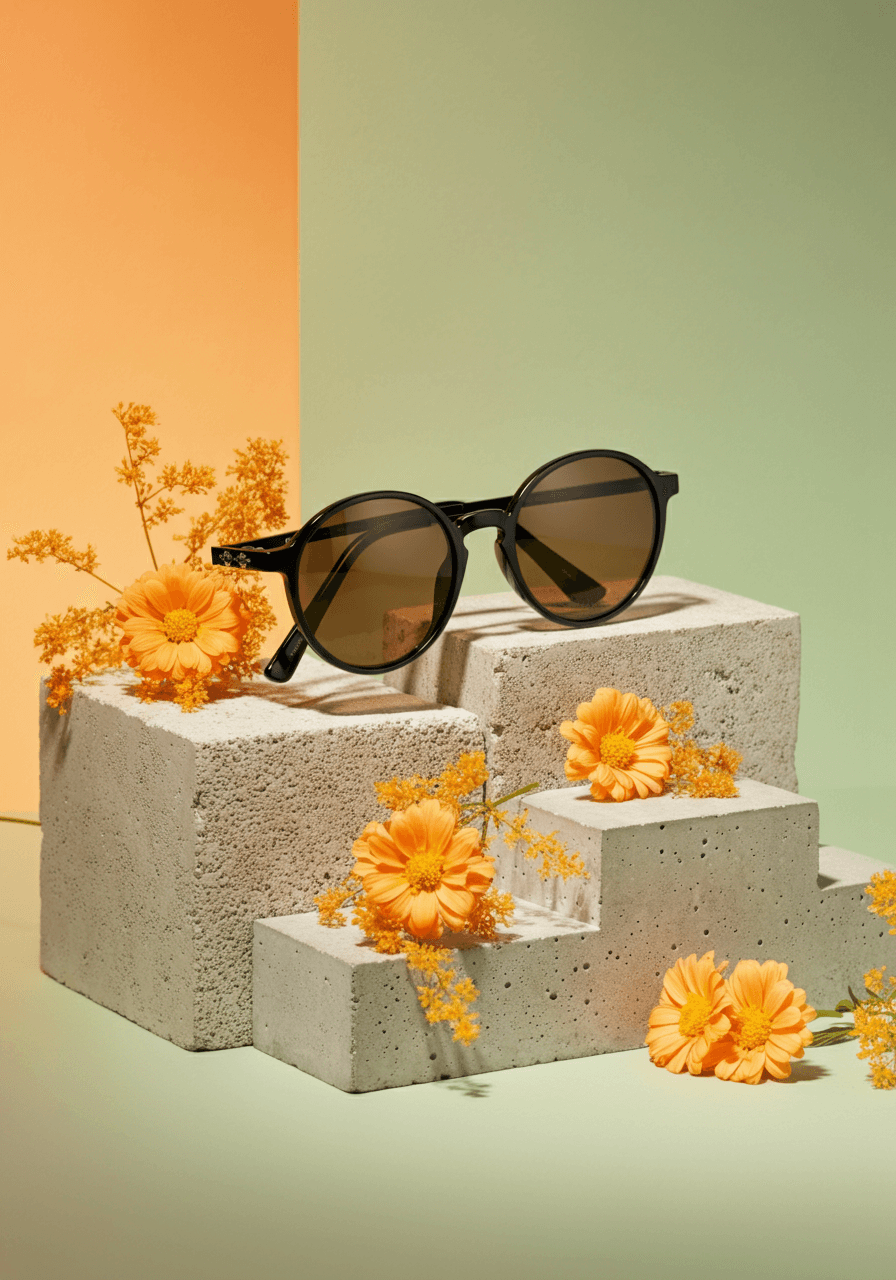 Brown oval sunglasses on stone cubes