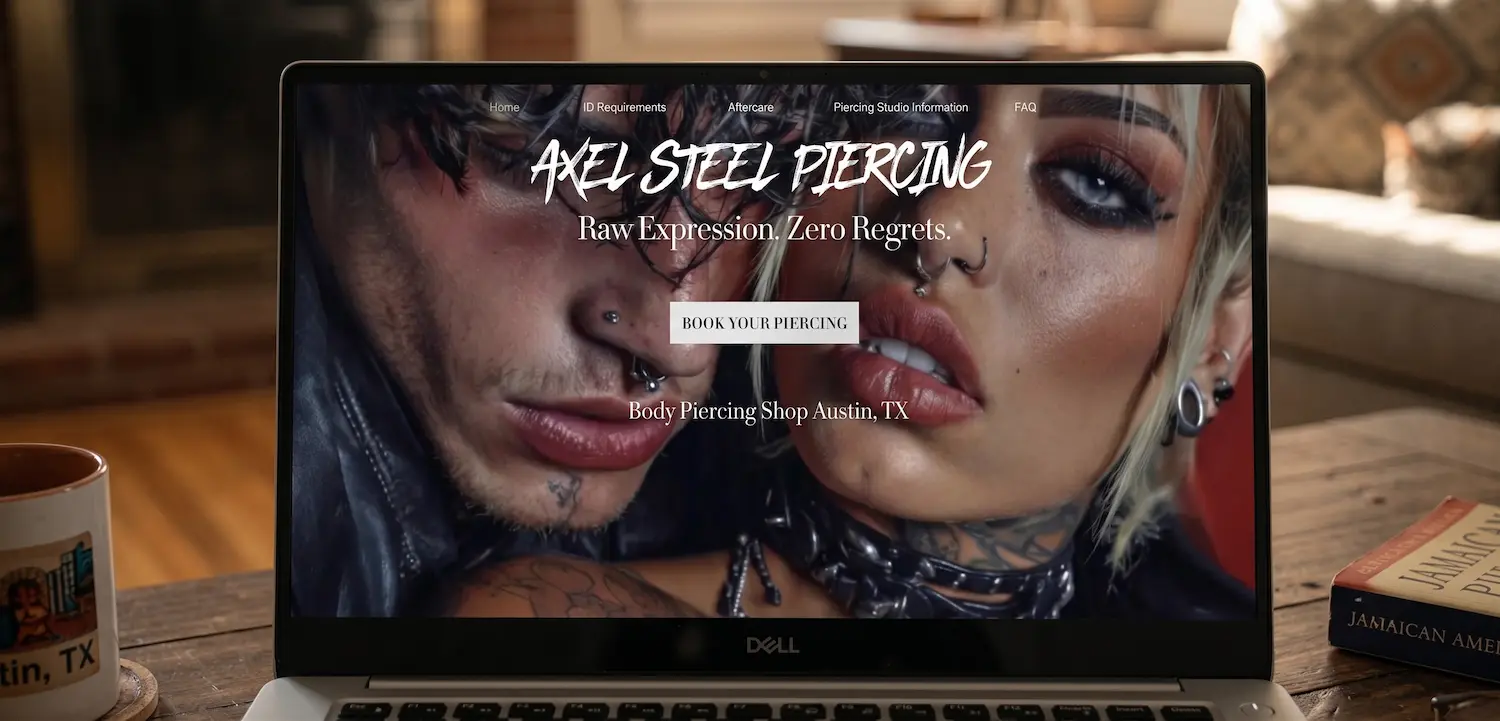 A laptop screen displays a website for Axel Steel Piercing, featuring a close-up of two individuals with facial piercings, emphasizing edgy style and bold expression, set in a cozy room with a mug and books, though unrelated to Bradenton, FL.