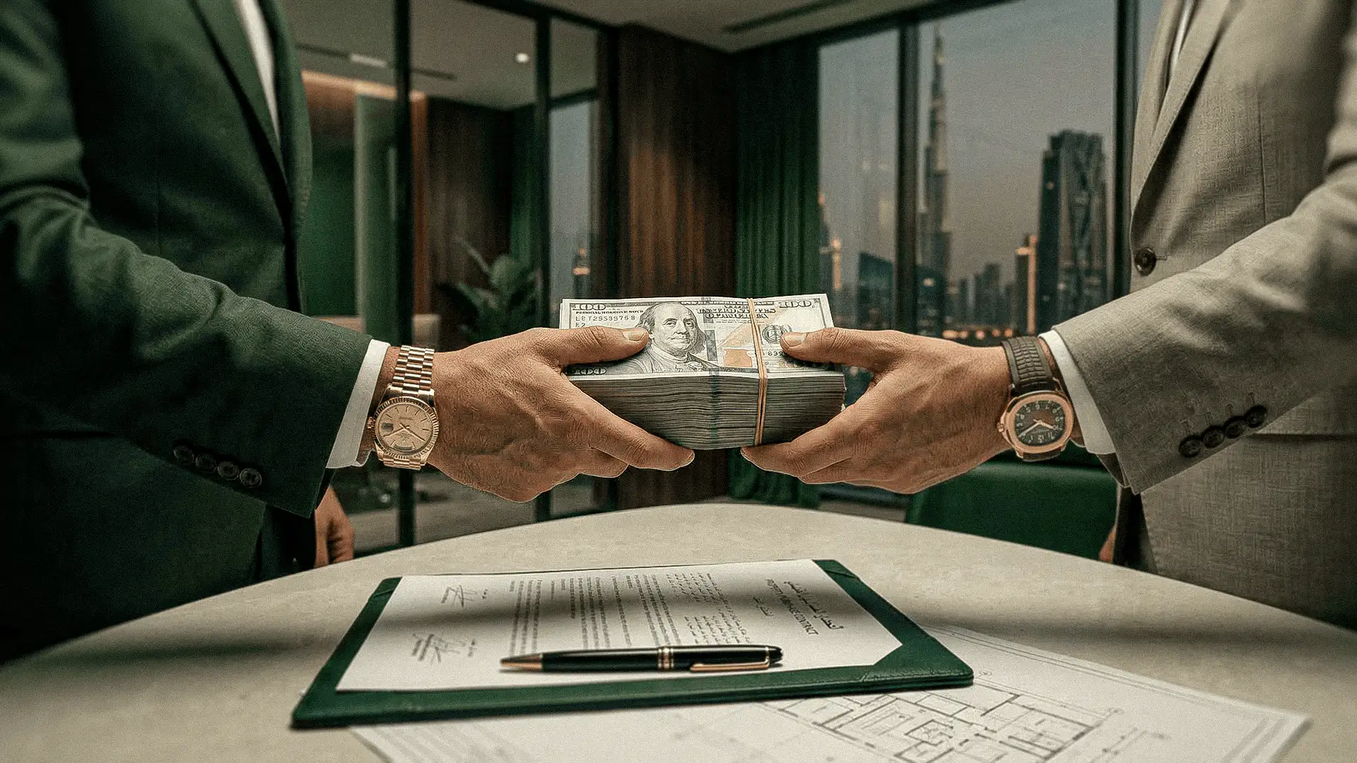 Entrega de capital durante cierre de inversión inmobiliaria en Dubái.