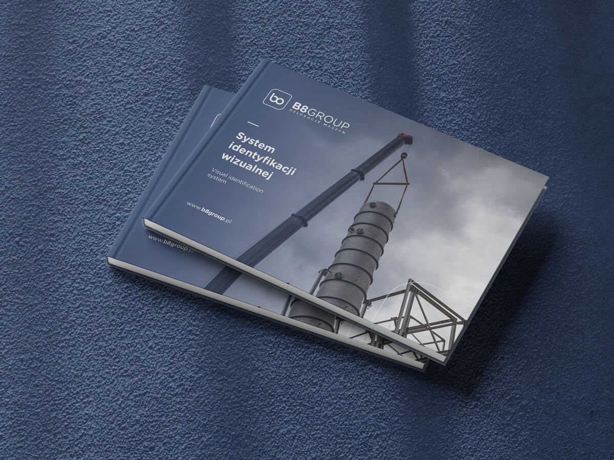 Okładka księgi znaku i system identyfikacji wizualnej firmy B8GROUP. Profesjonalny branding i spójny wizerunek marki w branży przemysłowej.