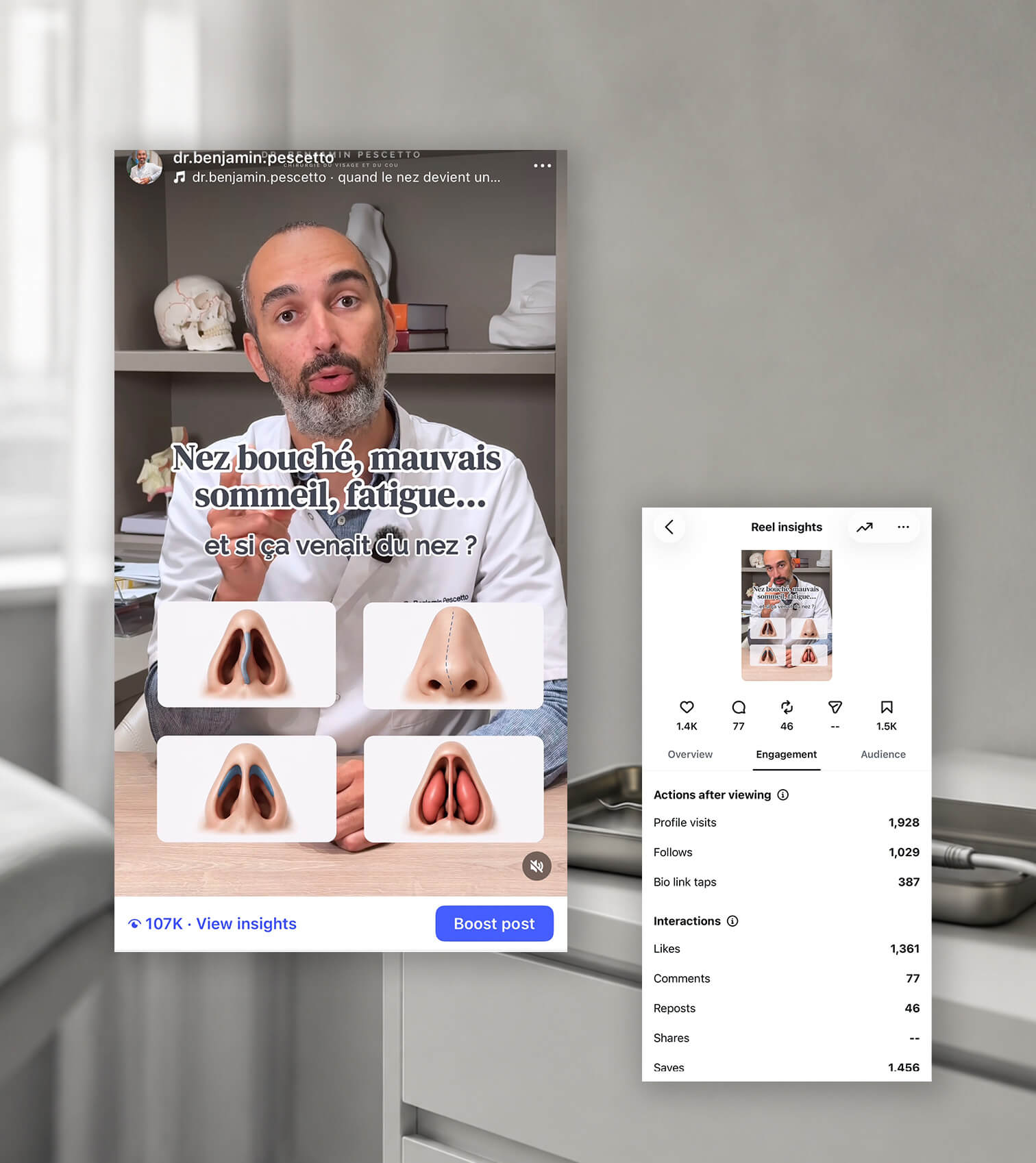 Medical content strategy and Instagram Reel performance for a private healthcare expert