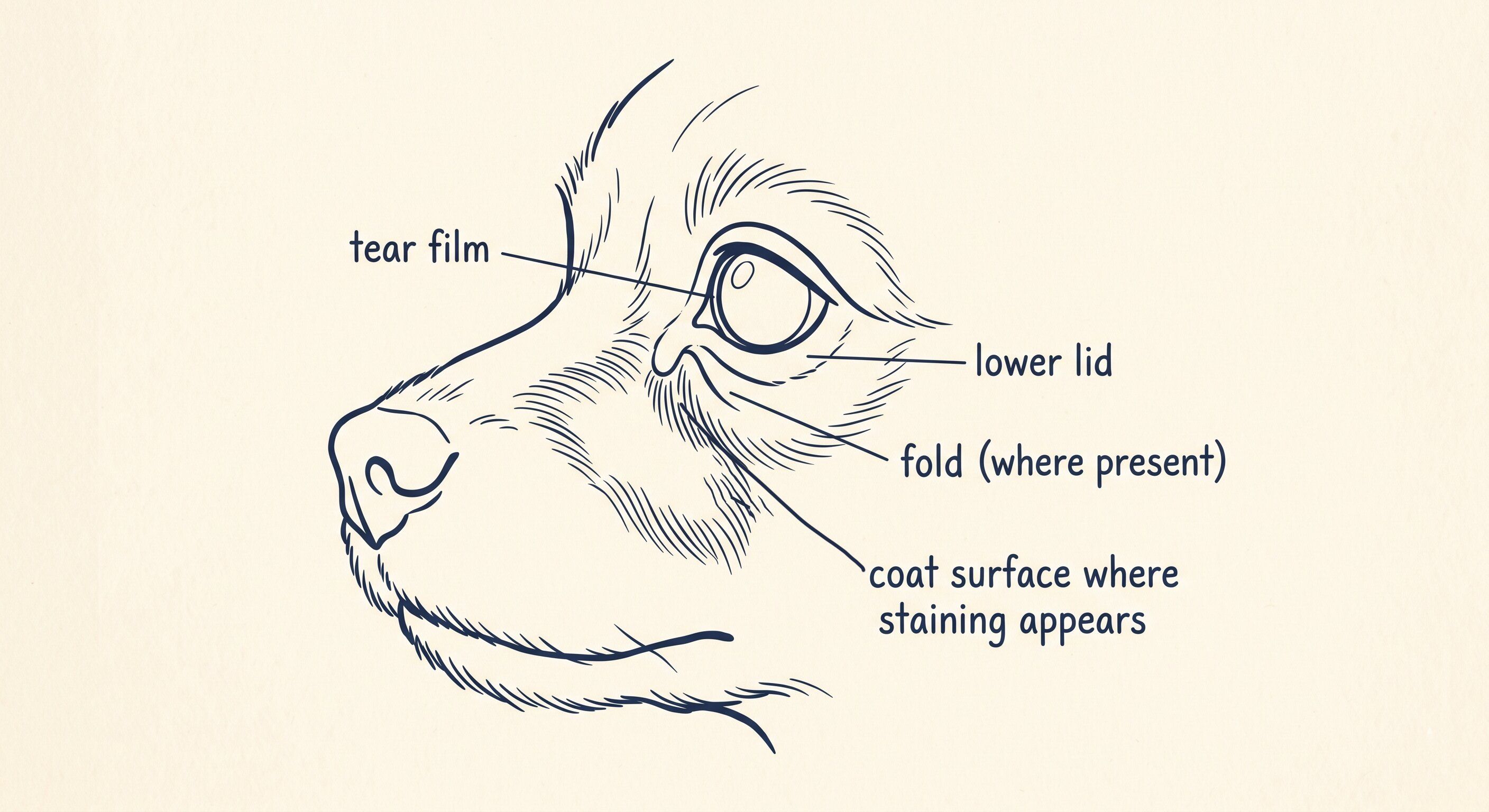 Side-view line diagram of a small dog’s eye and the area around it, labelled with tear film, lower lid, fold, and coat surface where staining becomes visible — showing where moisture gets held.