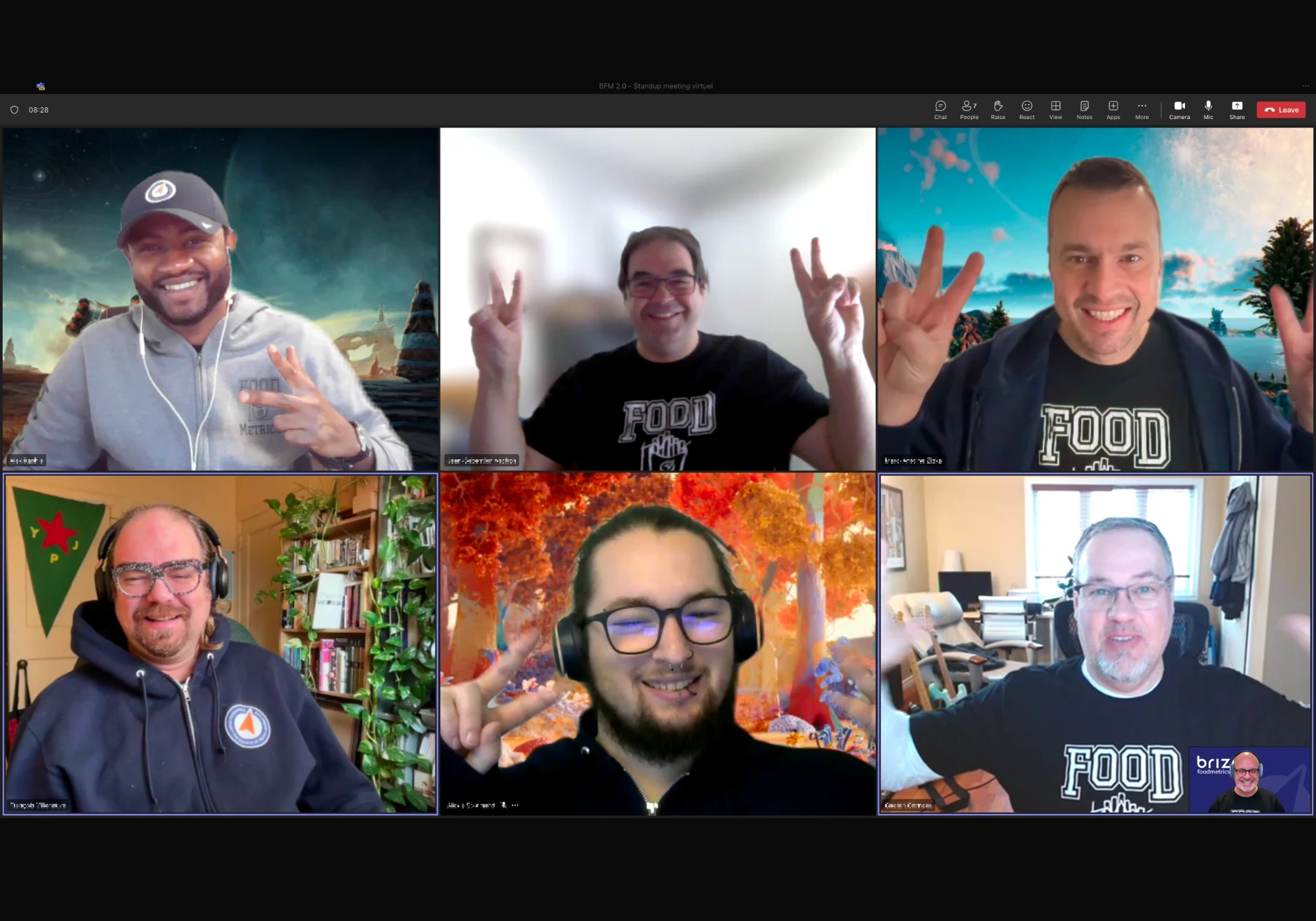 Screenshot of a virtual team meeting with six participants smiling and making peace signs during an online video call