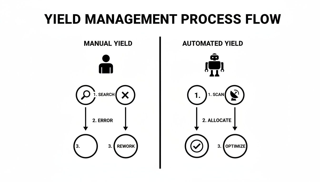 Yield management process flow diagram comparing manual steps like search and error with automated steps like scan and optimize.
