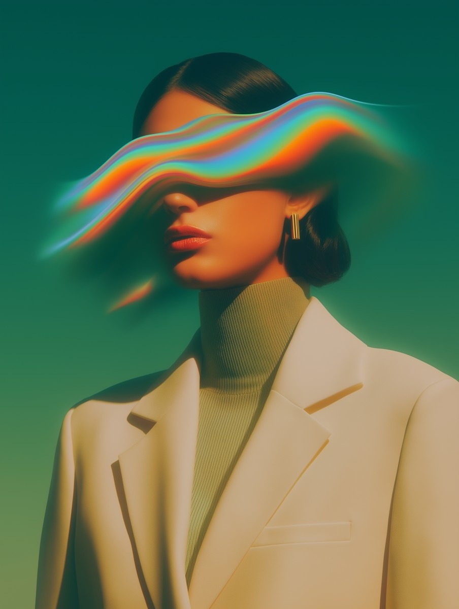A woman in a beige blazer stands against a gradient green background, with a vibrant, rainbow-colored swirl obscuring her eyes, creating a surreal fashion portrait.