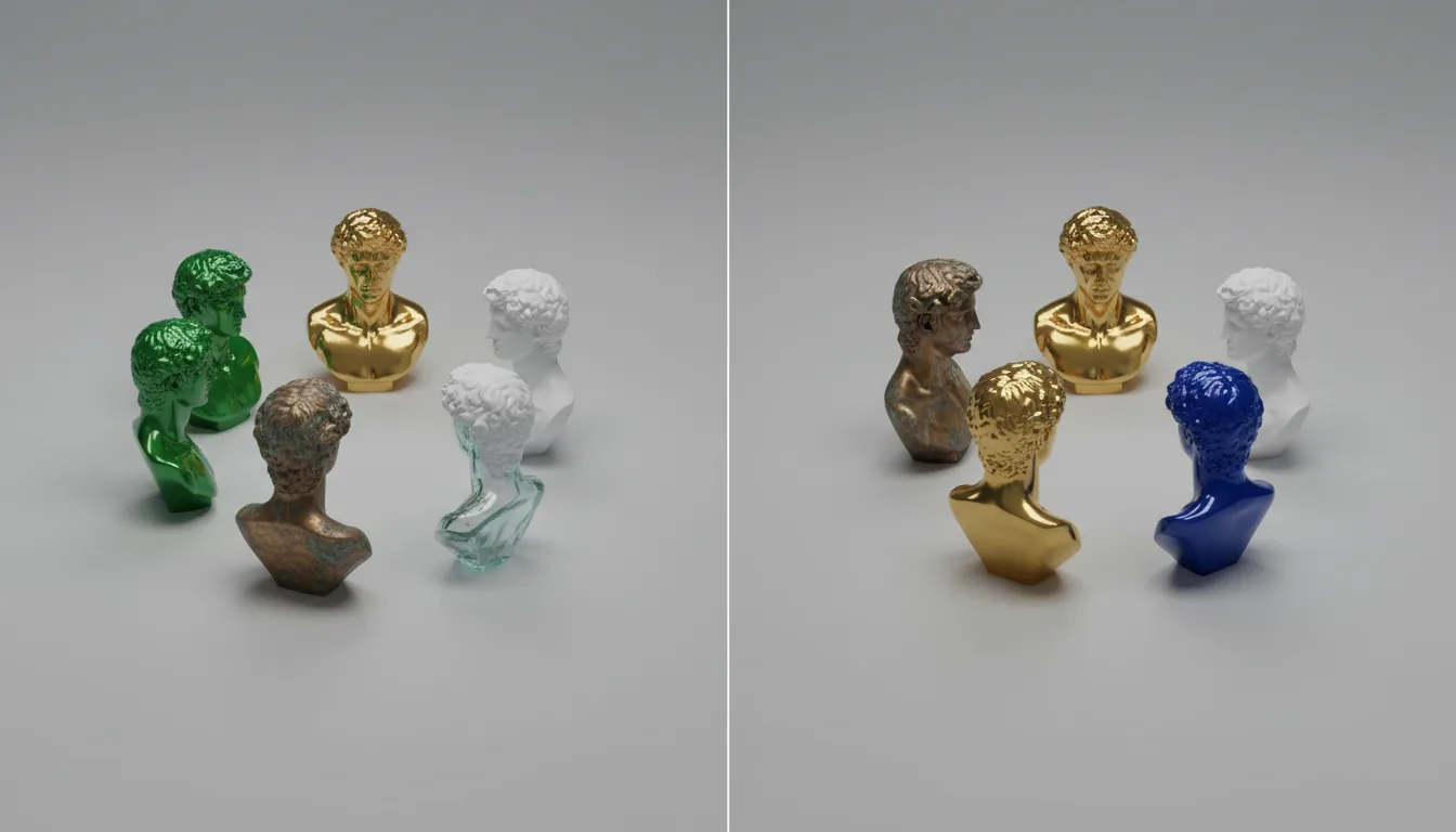 A side-by-side comparison 3D render showcasing two identical circular arrangements of classical busts against a plain, neutral grey studio backdrop. Each group features a variety of materials: a central bust with a weathered bronze patina, another of matte white plastic, one of polished reflective gold, one of translucent clear glass, and others of glossy green and blue plastic. The scene is lit with soft global illumination, casting subtle, soft shadows on the ground. Blender style, high-detail render.