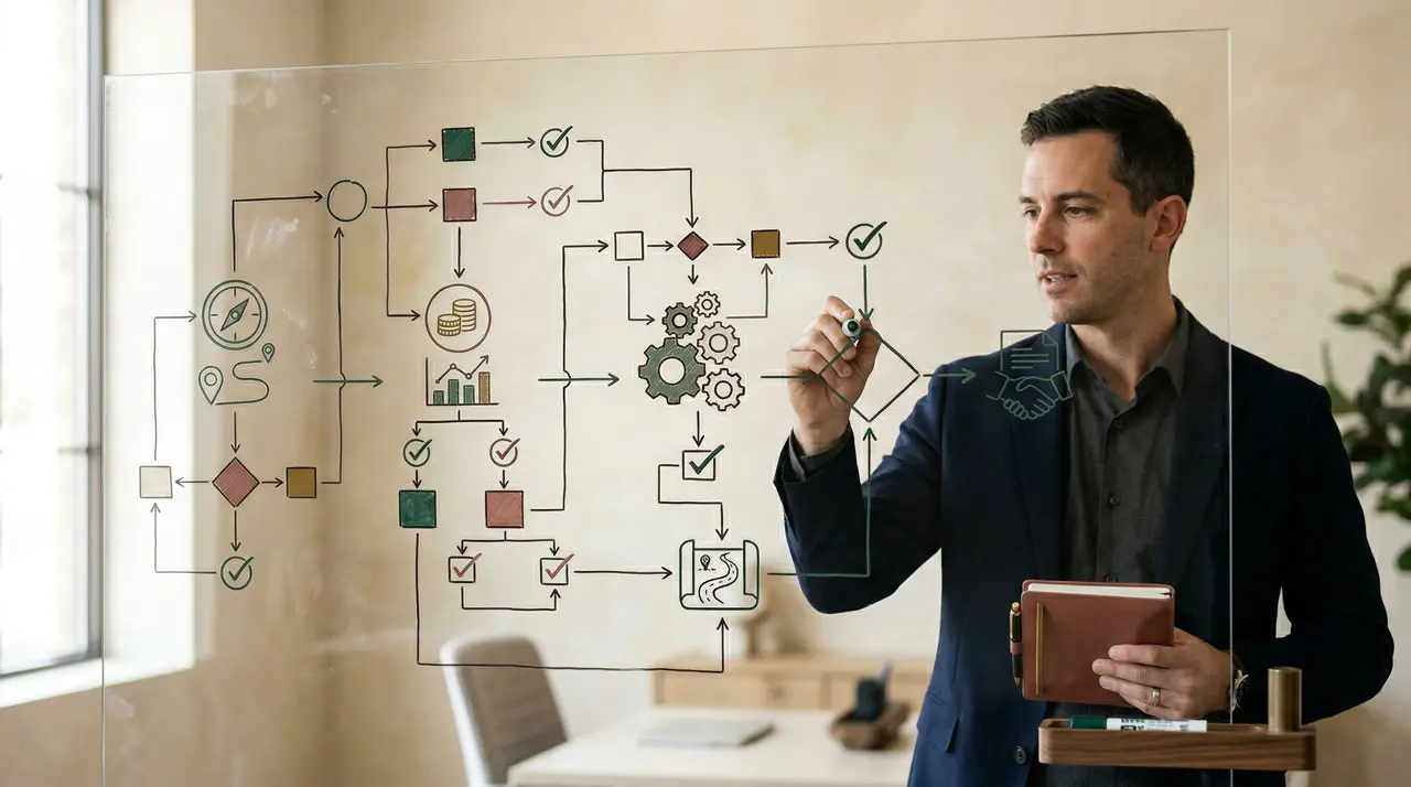 Profesional analizando diagramas de planificación y viabilidad de proyecto en tablero de vidrio.