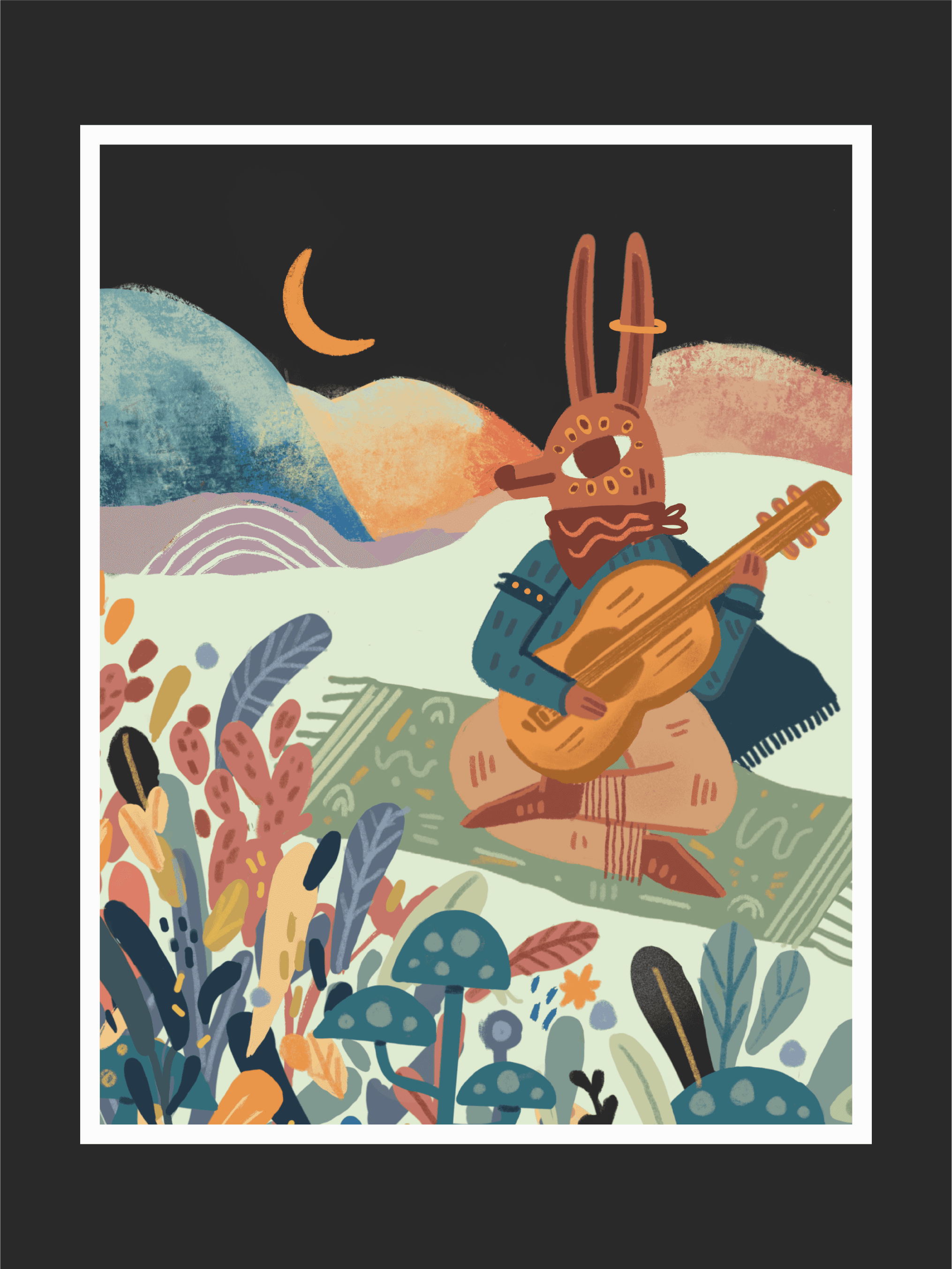 Minimalist gallery interior shot showing three large framed abstract colour-field paintings (charcoal, deep blue, and orange-yellow) hung on a white wall under overhead spotlights.