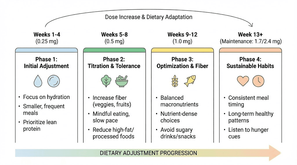 Semaglutide dose titration nutrition adjustment timeline week by week