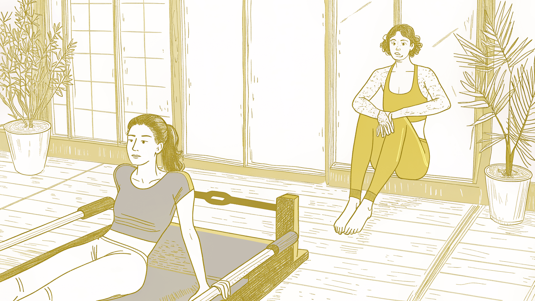  nervous first-timer versus confident reformer student in fitted Pilates activewear on Lagree machine