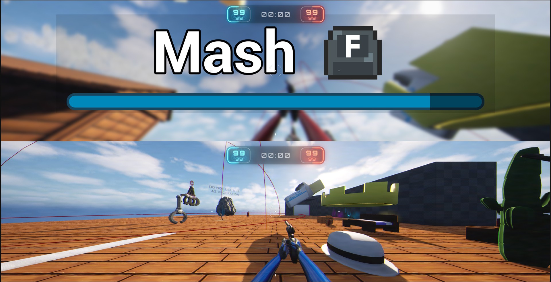 A screen capture of a game with a horizontal multiplayer split screen. The top screen shows a minigame with the word "Mash" and a button icon and a progress bar. The bottom screen shows a first-person perspective of a player holding a handgun with various game objects around them.
