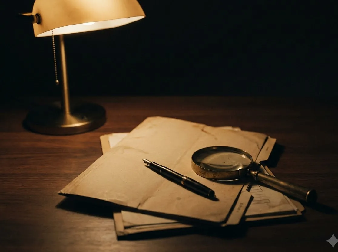 A folder, a pen and a magnifying glass under a brass lamp