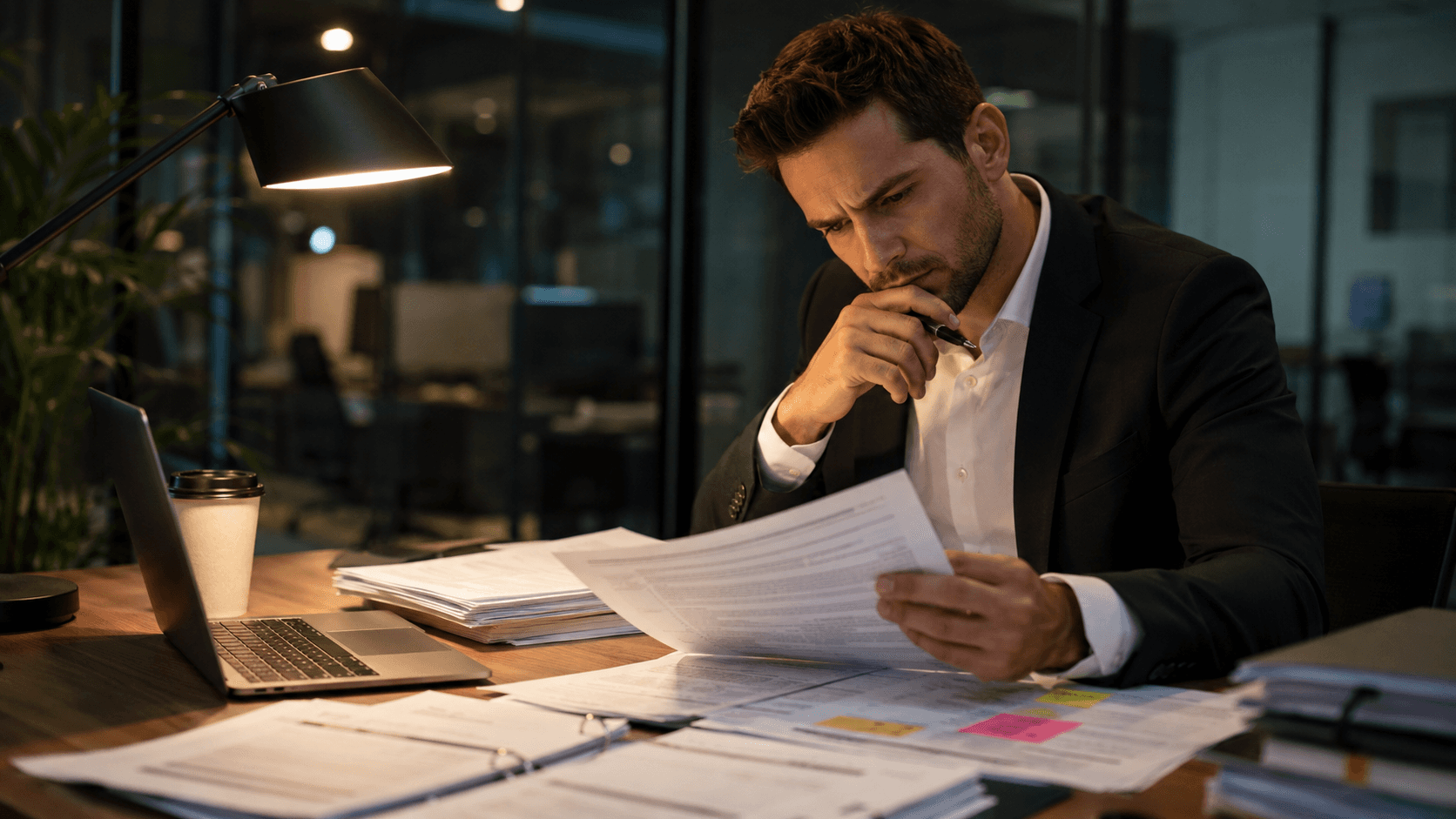 Homem de negócios em um escritório moderno analisa atentamente documentos e um contrato sobre a mesa, enquanto um notebook aberto e papéis ao redor reforçam um processo de avaliação criteriosa antes de uma decisão. A cena em estilo realista 3D transmite análise, cautela e planejamento em um contexto de contratação de uma plataforma B2B.