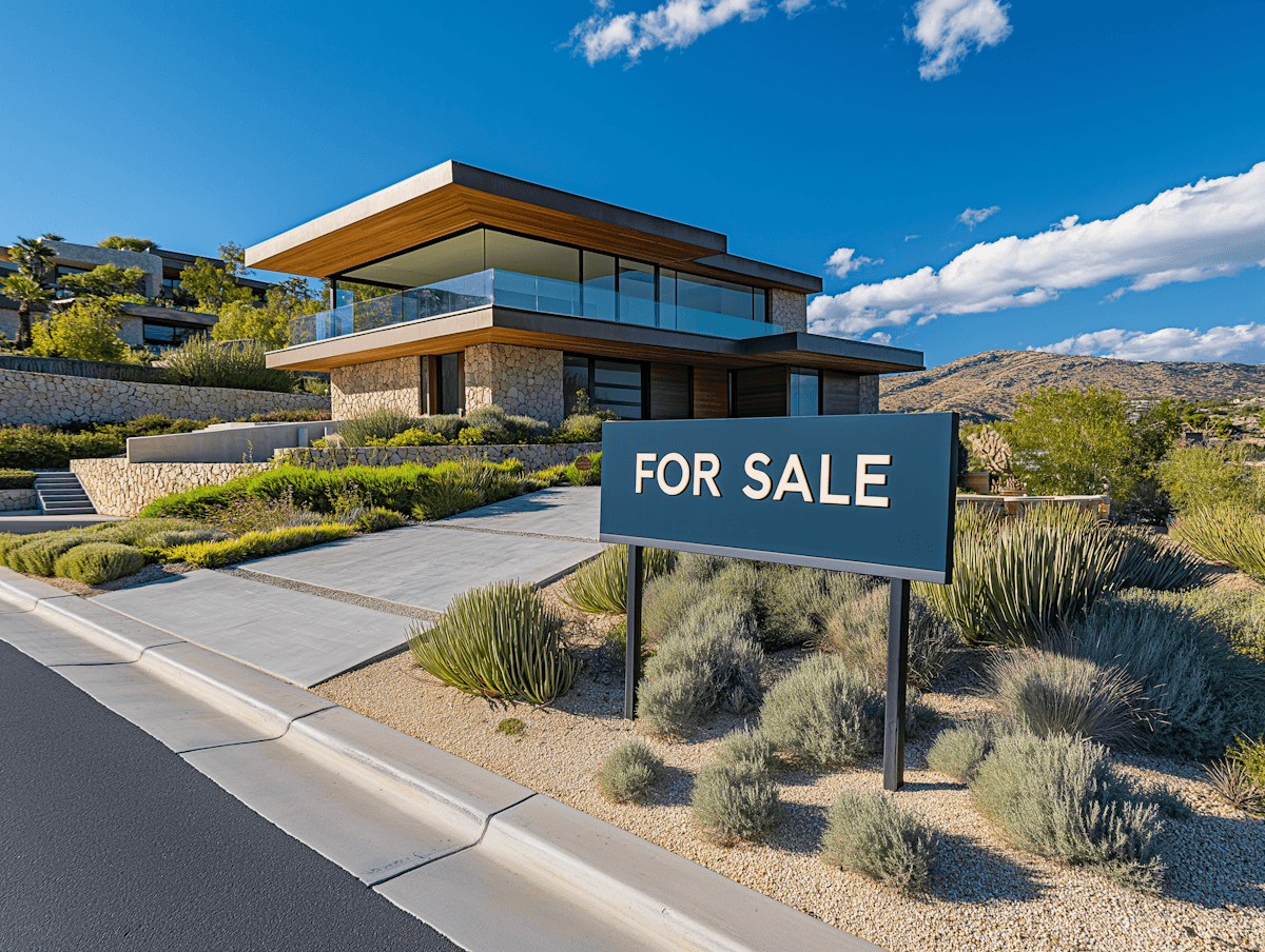 Modern two-story house with glass railings and stone facade, surrounded by desert landscaping. Prominent "For Sale" sign in the foreground under a clear blue sky.