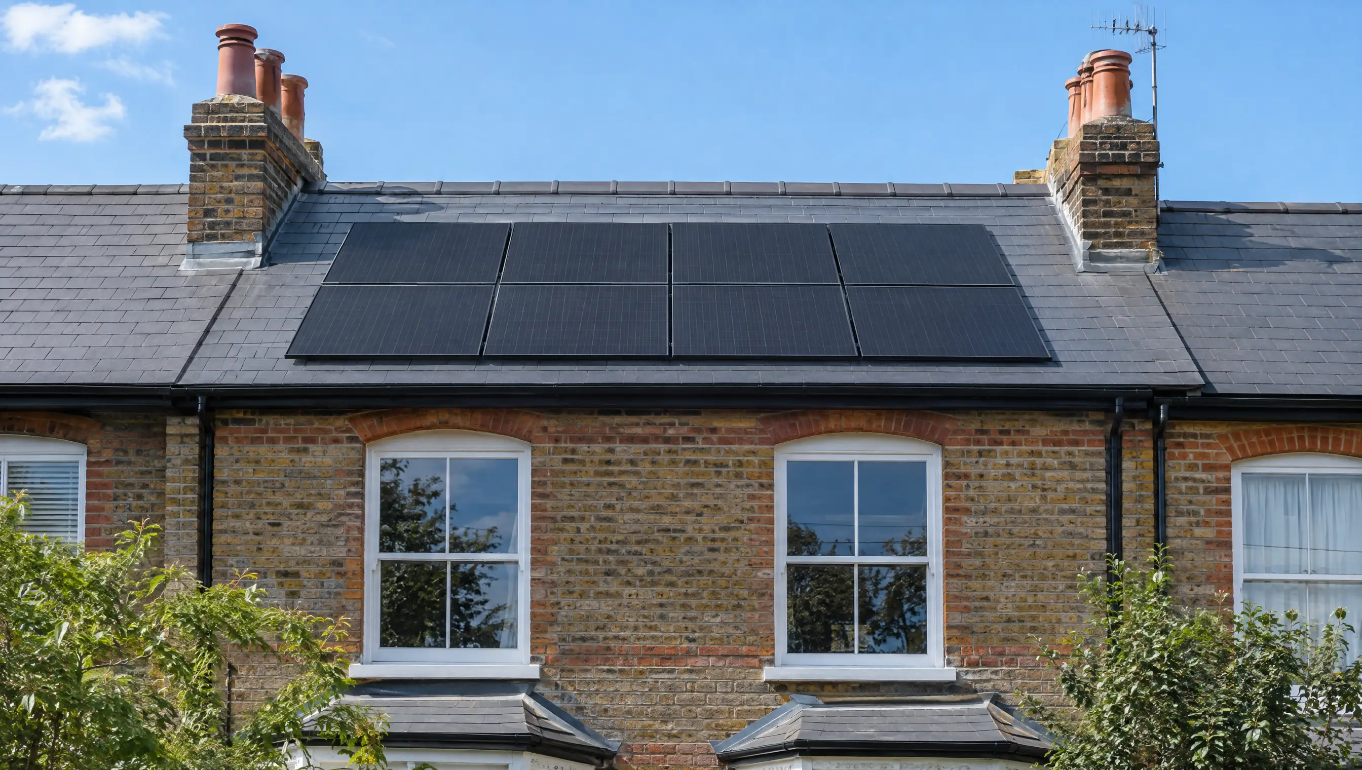 A London terraced house with a new slate roof and a newly fitted array of solar panels