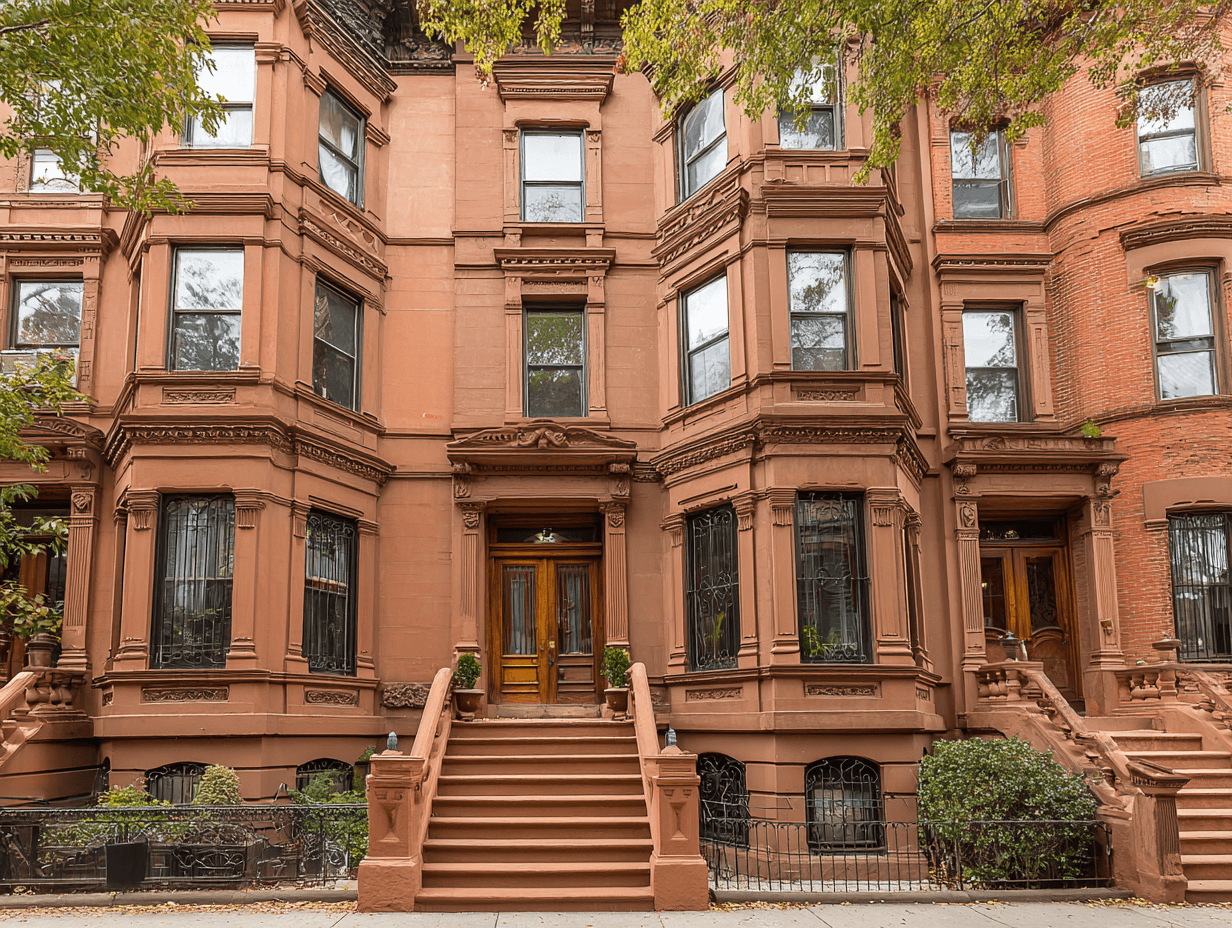 Historic brownstone exterior with brick facade and ornate architectural details.