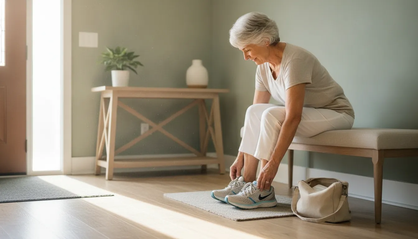 Patient preparing shoes and belongings for a podiatrist appointment
