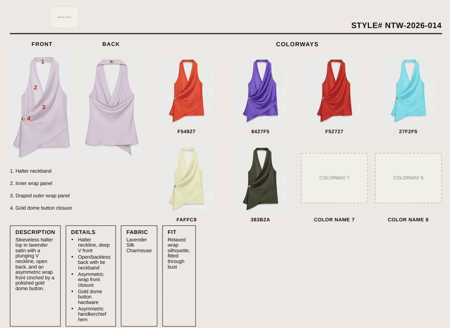 Tech pack template page with front and back technical sketches of a halter wrap top, numbered construction callouts, eight colorway swatches with hex codes, and description, details, fabric and fit boxes