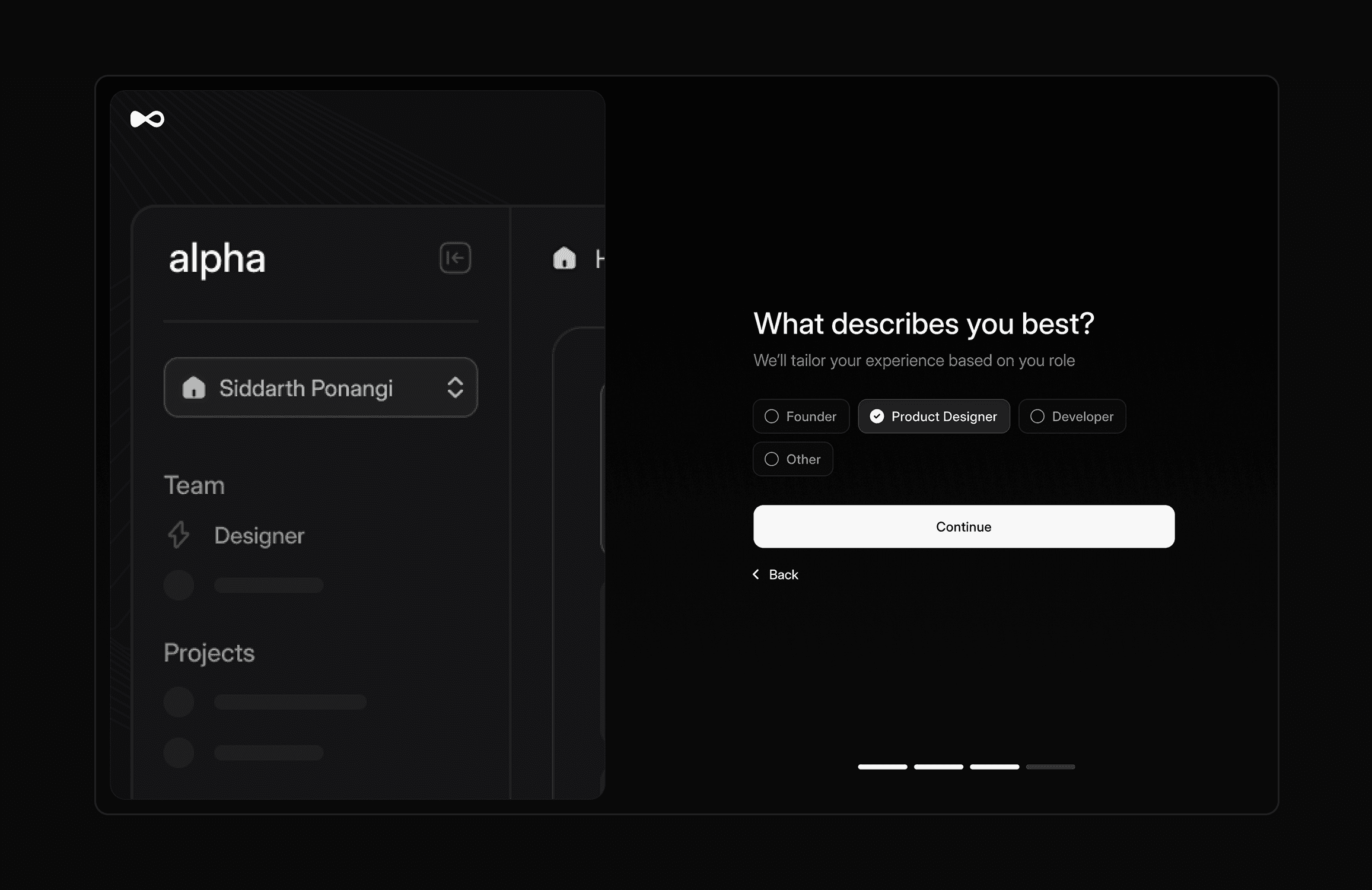 A dark-themed user interface design showcasing a selection screen with options such as Founder, Product Designer, and Developer, along with a navigation panel displaying user name, team roles, and project list.