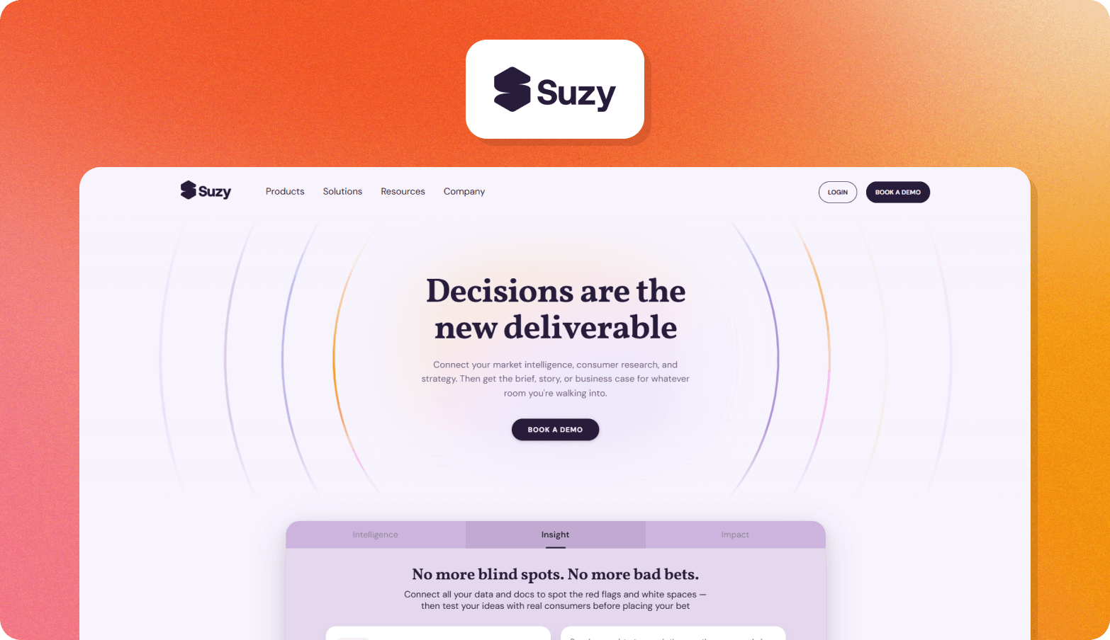 Screenshot of the Suzy homepage, headlined "Decisions are the new deliverable" on a light background with concentric circle decorative graphics. The page describes Suzy as connecting market intelligence, consumer research, and strategy to deliver briefs, stories, or business cases for any situation. A tabbed section below shows Intelligence, Insight, and Impact tabs, with the Insight tab active and the subheading "No more blind spots. No more bad bets." The Suzy logo — a dark purple hexagon icon — appears above the browser screenshot on an orange gradient background.
