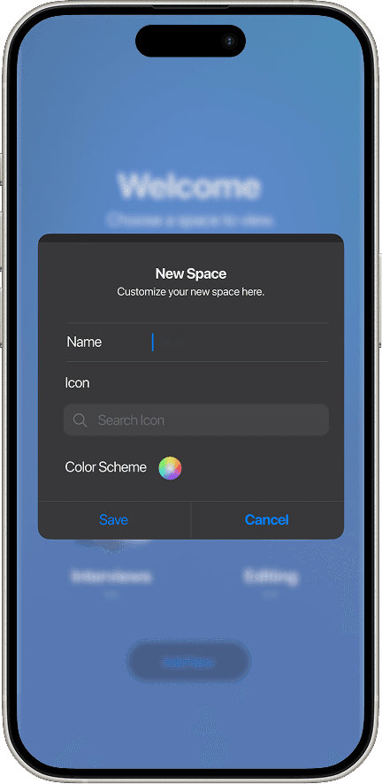 Prototype screenshot of the customization options for a new space.