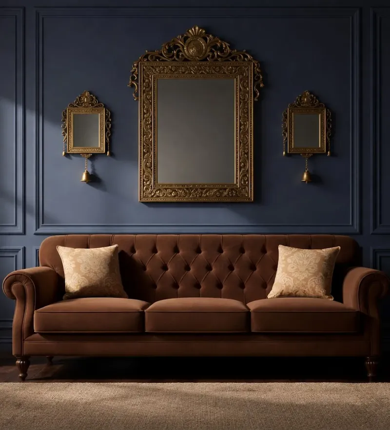Luxury custom furniture showcased through a classic tufted three‑seater sofa in an elegant living room setting