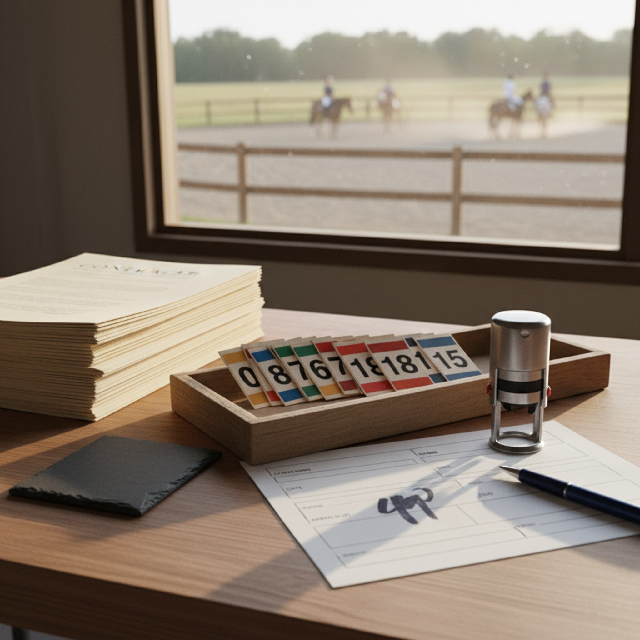 Auf dem Schreibtisch im Stallbüro liegen sauber geheftete Verträge neben nummerierten Karten für die Hallennutzung. Ein Stempel hinterlässt frische Markierungen auf einem Formular. Durch das Fenster sieht man den Außenplatz in der Nachmittagssonne. Die Szene wirkt klar strukturiert und verbindlich organisiert.