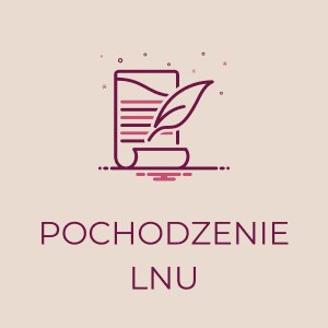 Ilustracja z dokumentem i liściem oraz napisem 'Pochodzenie lnu', przedstawiająca temat pochodzenia materiałów.