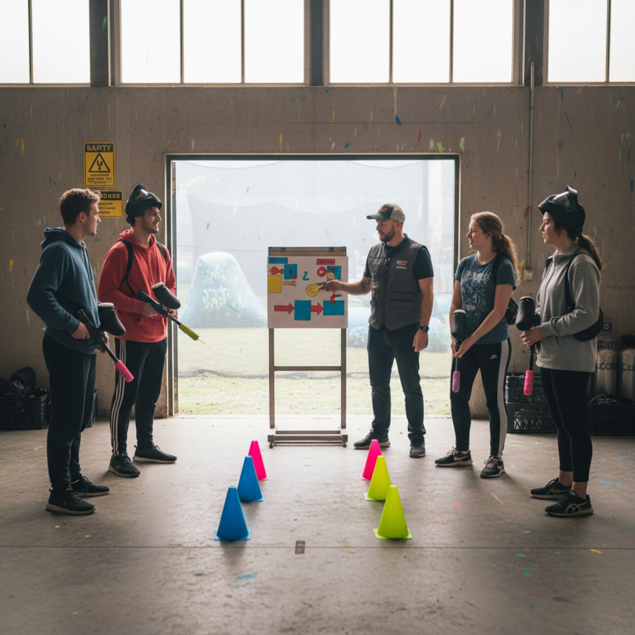 Im Briefing-Bereich stehen zwei Gruppen im Halbkreis, ein Coach erklärt Startzonen mit einer farbigen Tafel. Gedämpftes Lachen trifft auf fokussierte Blicke. Neonfarbene Hütchen markieren eine kurze Route am Boden. Durch die offene Tür schimmert das Spielfeld, leichter Dunst lässt die Farben satter wirken.