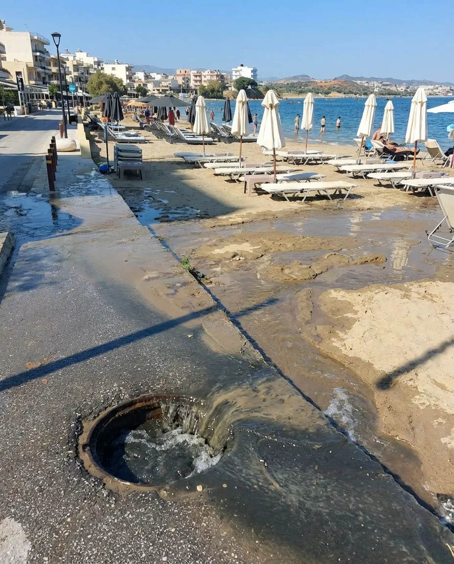Overflowing manholes in Nea Chora Chania with wastewater reaching the seaside