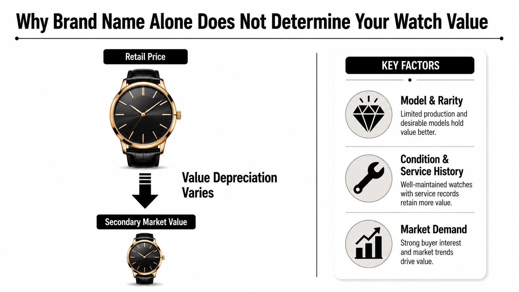 An infographic showing that watch value depends on model rarity, condition, service history, and market demand.