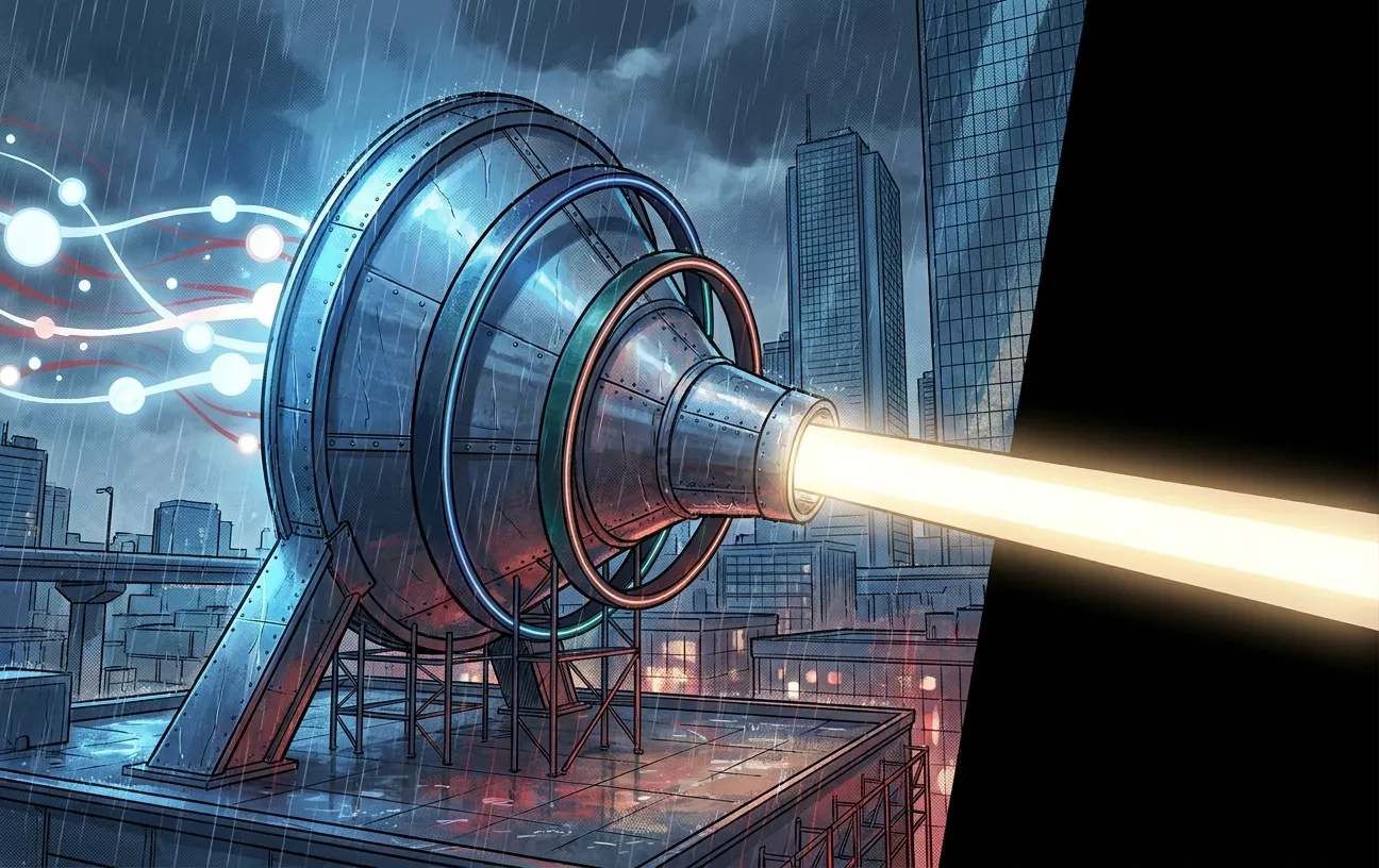 Massive futuristic machine in cityscape, representing RockN' Socials Digital Marketing.