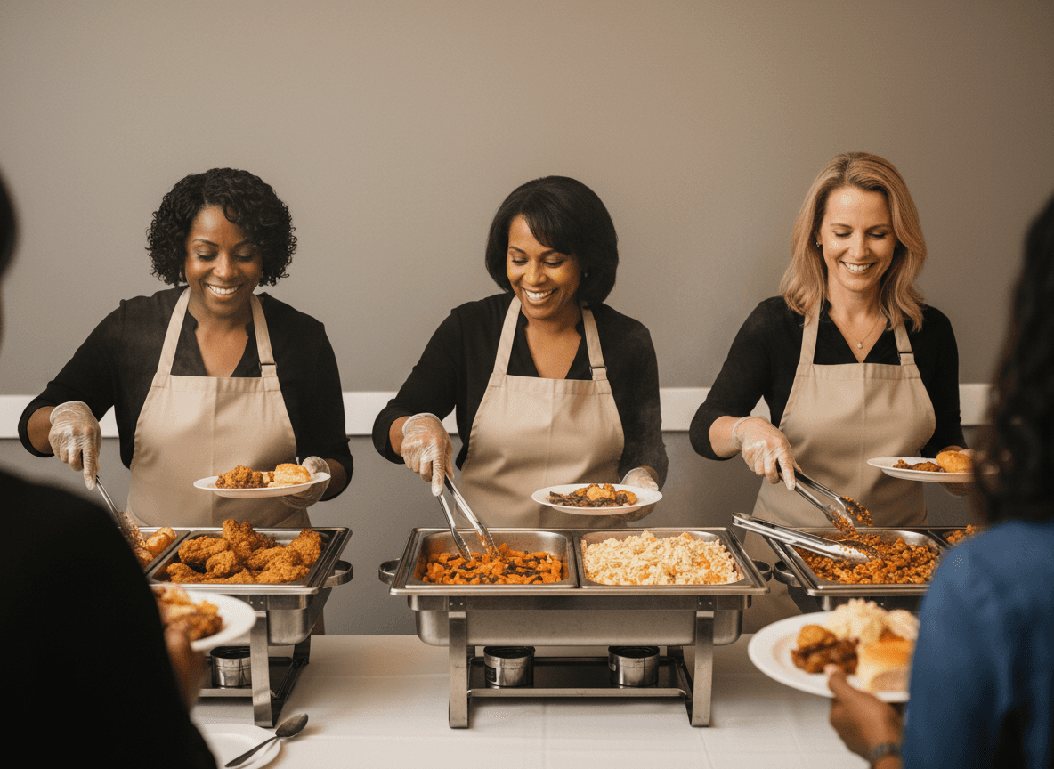 A diverse team of three women, including two African American and one Caucasian server, providing warm hospitality at a Pleasant Grove Church buffet line. The image shows the volunteers in clean aprons and gloves serving baked chicken and sides from stainless steel chafing dishes in a bright, welcoming fellowship environment.