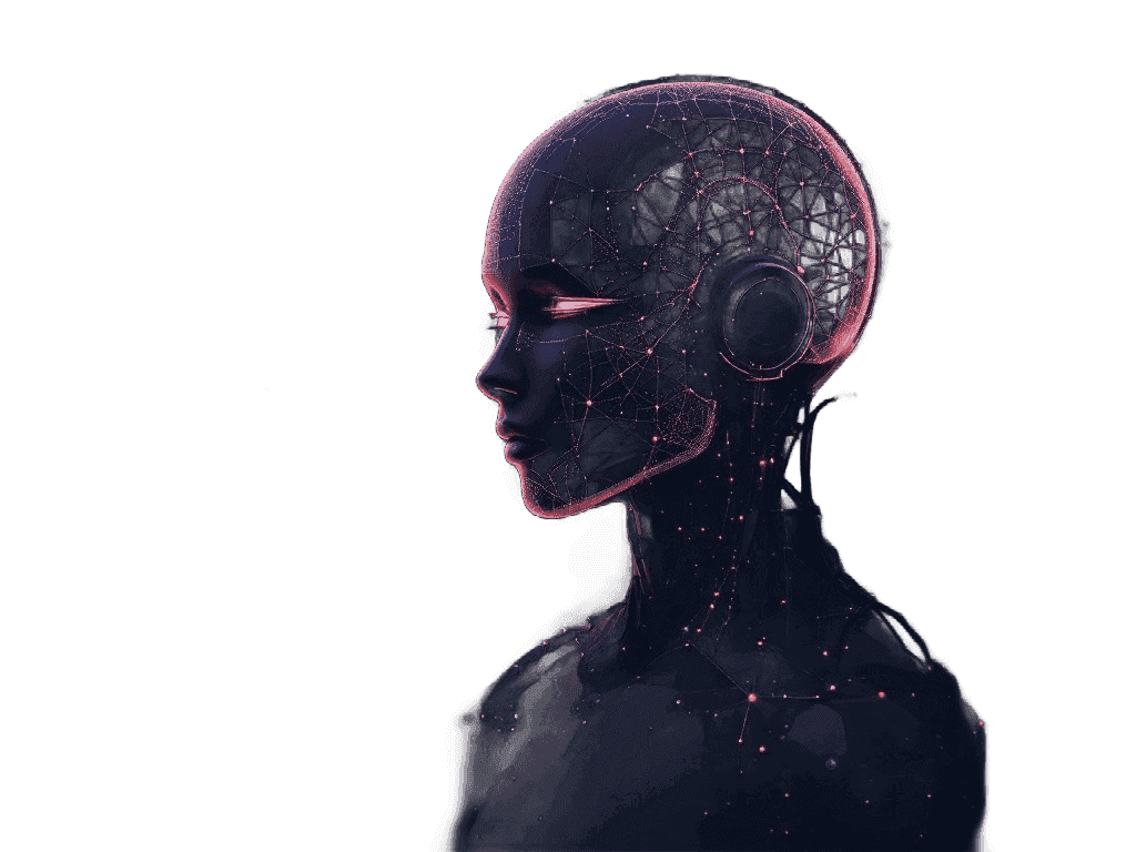 A futuristic robot woman with glowing pink lines on her face and body