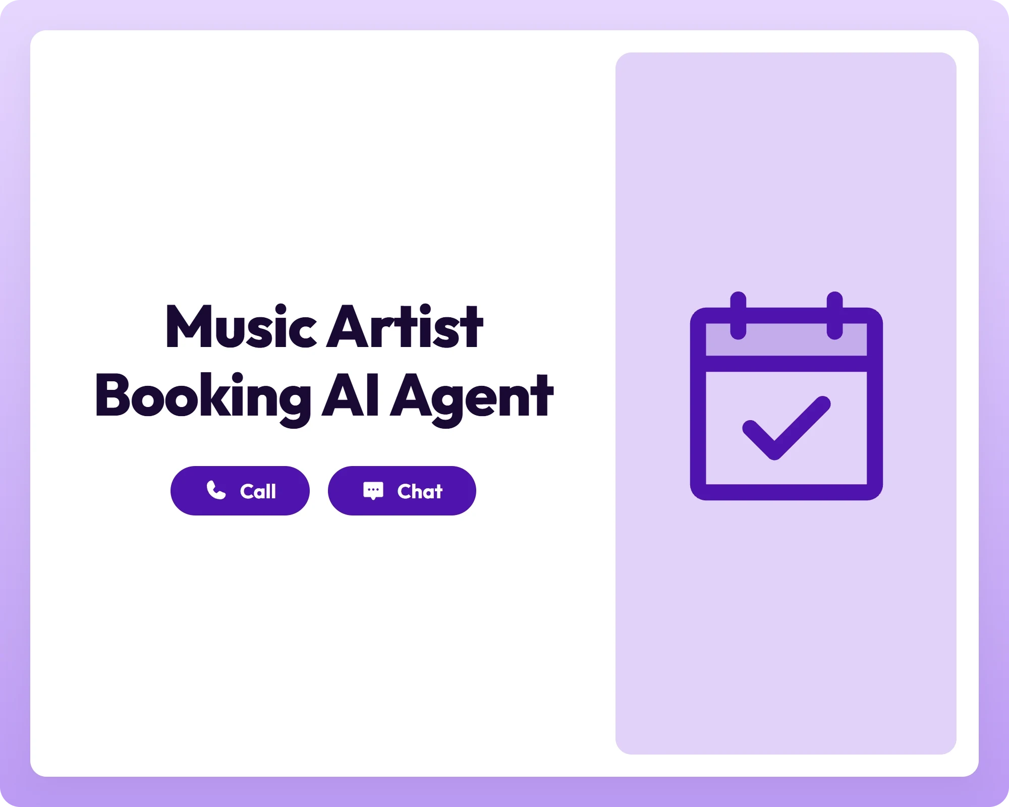 music artist booking ai agent with call and chat support alongside a calendar icon panel