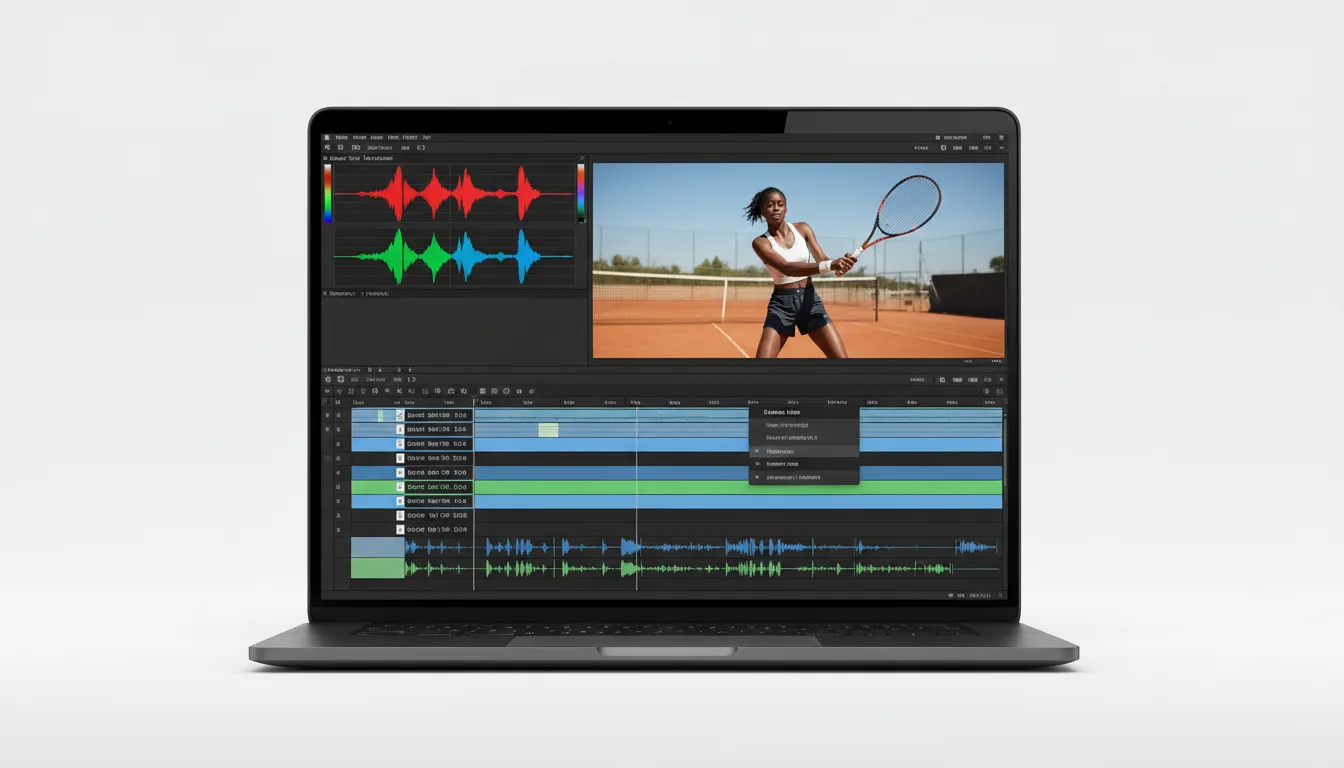 A product shot of a modern dark grey laptop, centered on a plain white background. The screen displays the user interface of Final Cut Pro in modern dark mode. The UI layout has a top-left panel showing vibrant red, green, and blue RGB waveform scopes, and a top-right video preview window of a young Black woman on a sunny tennis court. The bottom half of the screen features a complex multi-track video editing timeline with blue and green clips, audio waveforms, and placeholder UI elements. A contextual dropdown menu with abstracted text lines is open over the timeline. The image is clean and sharp, with soft studio lighting.