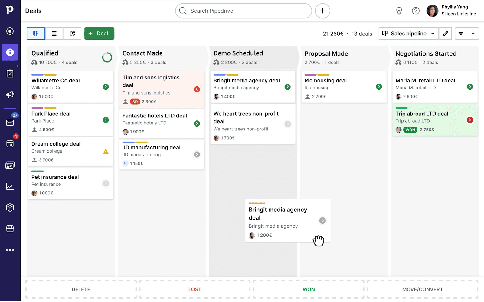 Pipedrive’s board view showing deals in different stages.