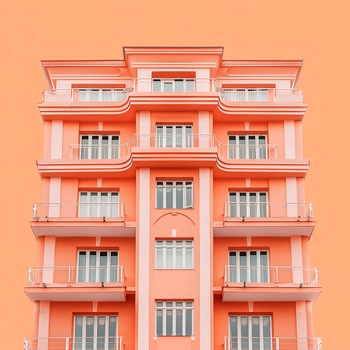 Bold Art Deco residential building with curved balconies and a warm coral facade — architectural statement living in a vibrant urban setting