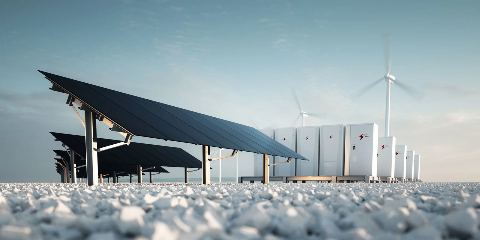 Solar panels and wind turbines stand on a rocky terrain under a clear sky, symbolizing renewable energy and sustainability. The tone is clean and futuristic.