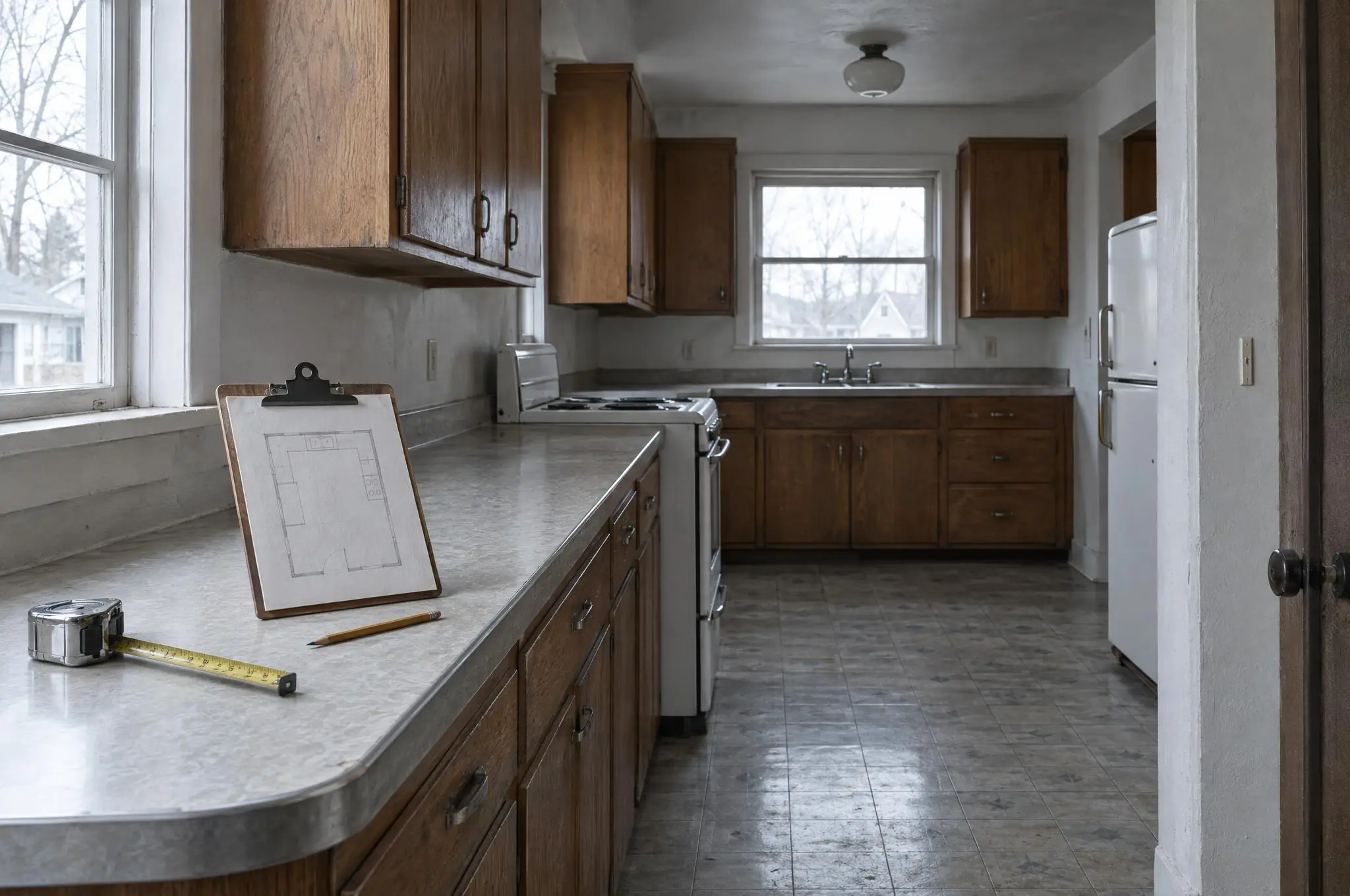 Dated 1950s kitchen in a Minneapolis house before its renovation, with a clipboard holding a hand-drawn floor sketch and a tape measure on the counter