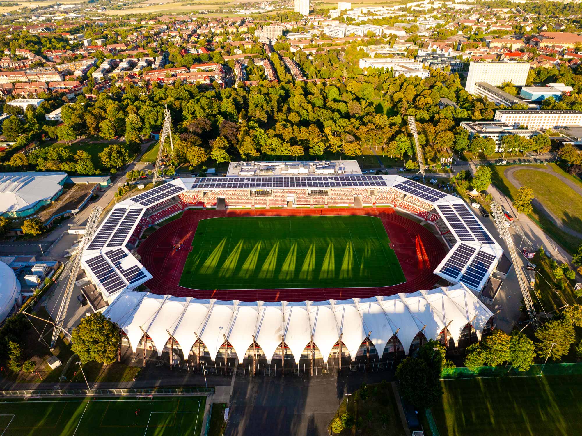 Aerial view of a stadium, ideal for filmproduction and strategic film campaigns in advertising and social media storytelling, steigerwaldstadion