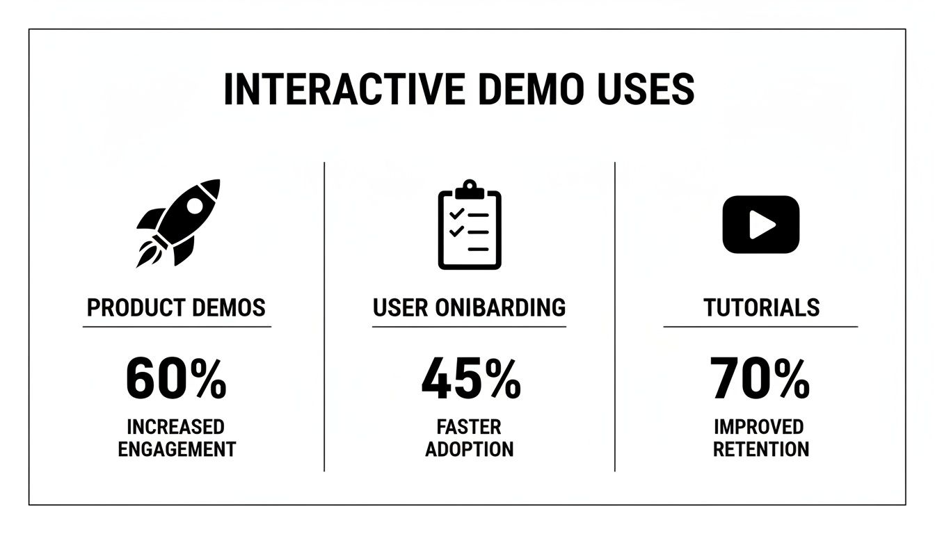 Infographic showing interactive demo uses: product demos, user onboarding, and tutorials with their benefits.