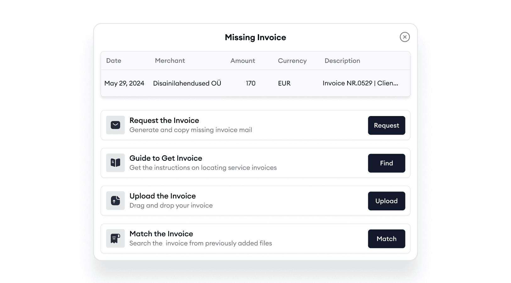 Missing Invoice Request Interface – If an invoice is missing, users can request it or follow step-by-step instructions to retrieve it from the merchant’s platform.