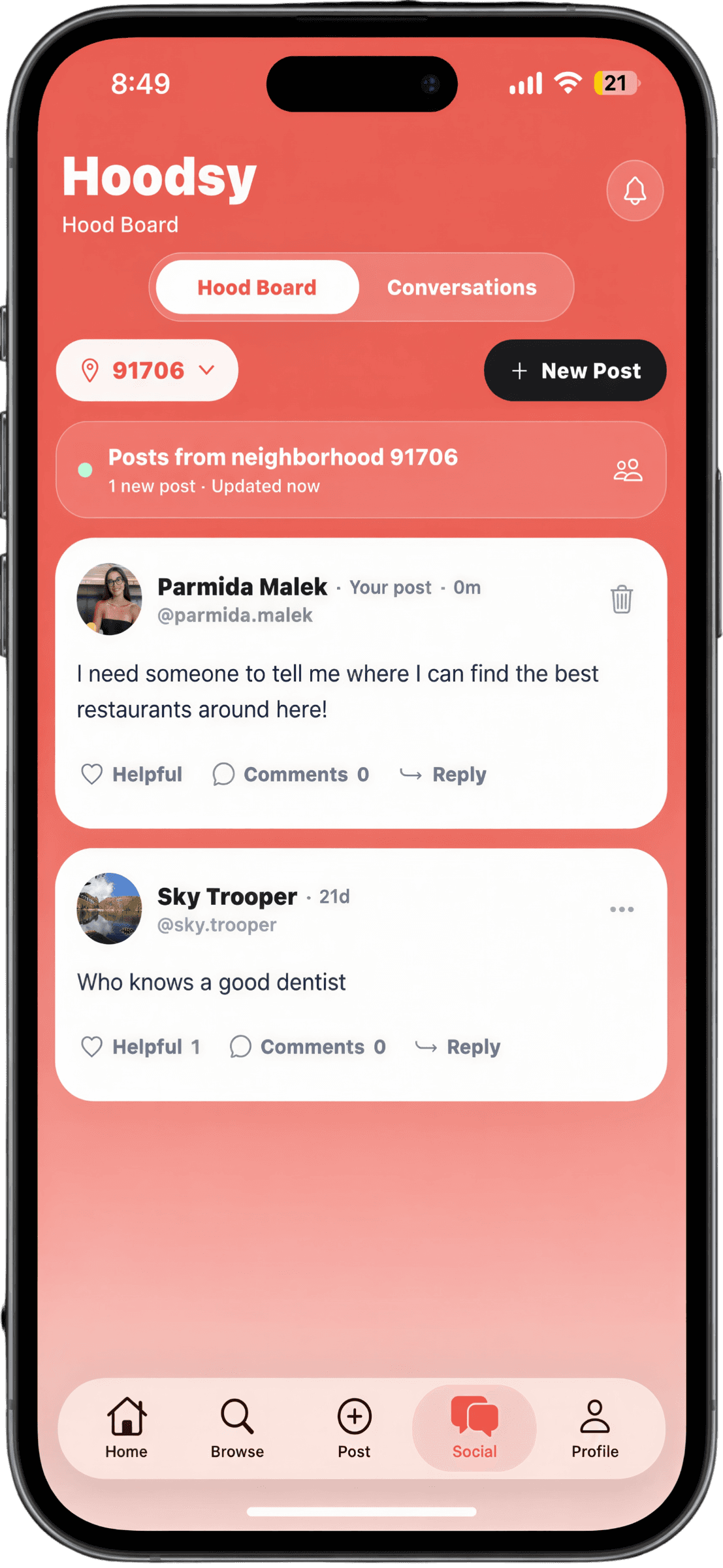 Hood Board neighborhood feed in the Hoodsy app